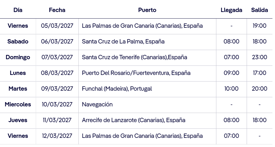 HORARIOS MSC FANTASIA 5.03.2027